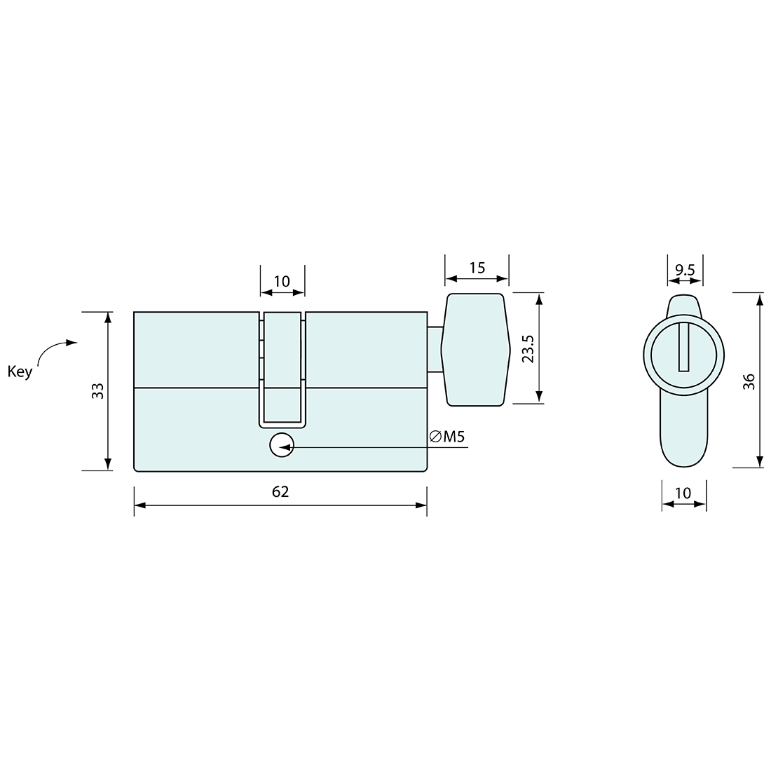 4091 - EURO CYLINDER 5 PIN KEY AND TURN KNOB 36X10MM - CoSlide
