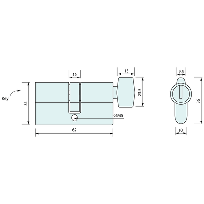 4091 - EURO CYLINDER 5 PIN KEY AND TURN KNOB 36X10MM - CoSlide